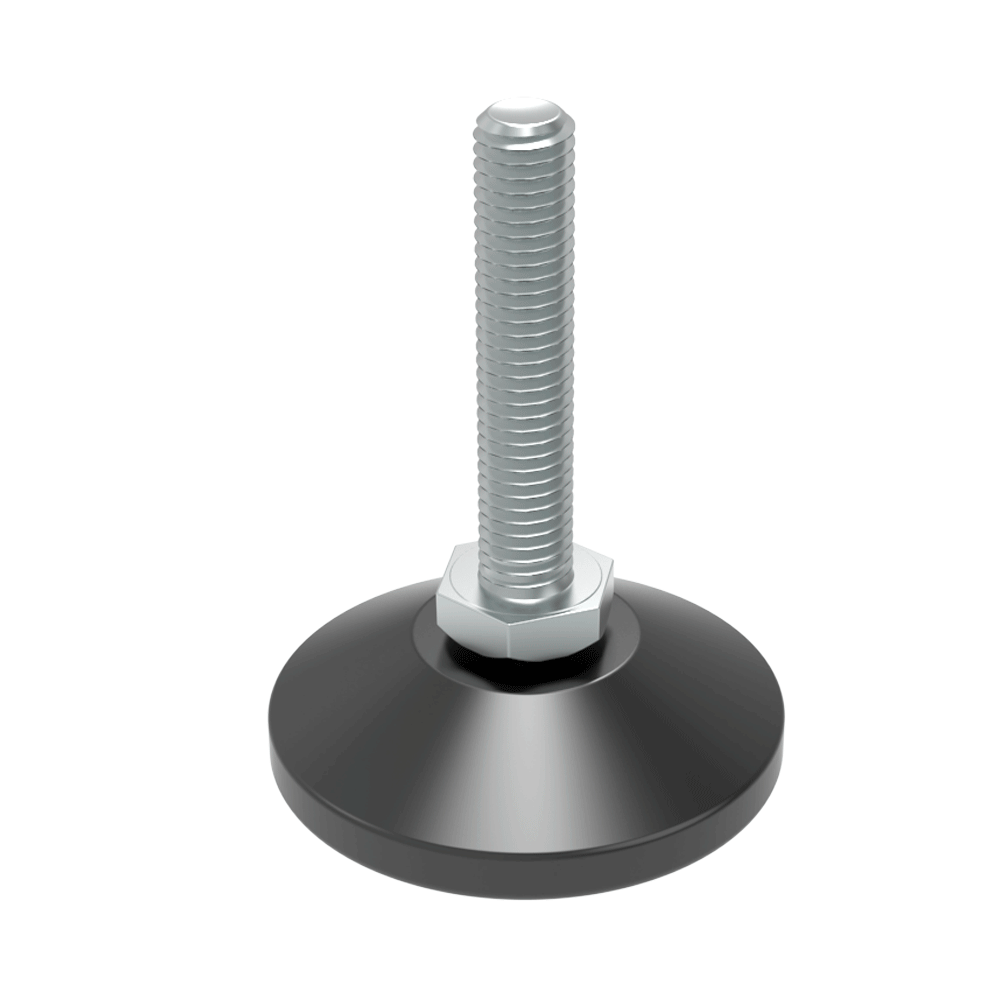 Le niveleur LHVD est conçu pour résister aux efforts transversaux et aux poids importants. <b>L’écrou hexagonal sur la tige permet un réglage précis après l’installation</b> (une version similaire de ce niveleur est disponible sans angle de mouvement, famille <b><a href= 'https://www.iscsl.fr/pied-reglable-fixe-avec-ecrou-hexagonal/lhvf/' target='_top'>LHVF</a></b>).<br>Certains modèles sont fournis avec une <b>semelle antidérapante en EPDM</b>.