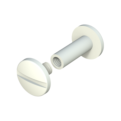 Pièce spécifique étudiée pour des applications où les éléments sont sujets au mouvement. L´application la plus connue est en tant que clip/vis relieuse pour livres ou éventails type Pantone, RAL ou cartes de couleurs. Nous proposons l´ensemble complet mâle+femelle.